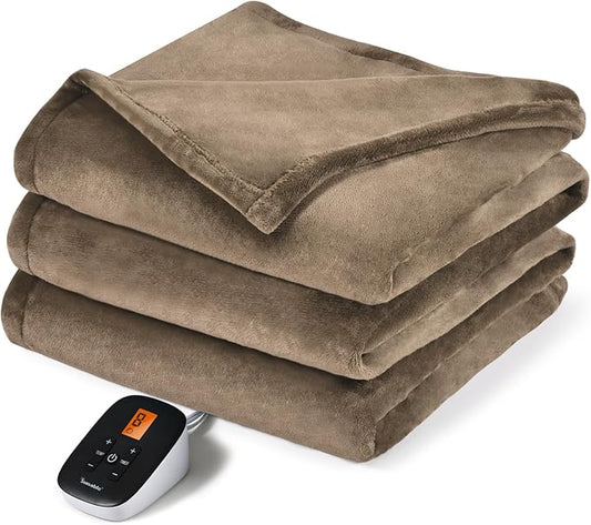 Sunable Heated Electric Blanket - Machine Washable Blanket with Time Settings 10 Heat Settings Full Size 77×84 inches Taupe - Velvet