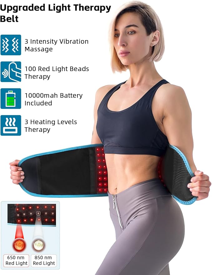 SHINE WELL Cordless Red Light Therapy Massage Belt with 3 Heat Levels and Vibrating, Lower Back Massager FSA HSA Eligible,Battery Powered Back Massager, Fathers Day Gift for Dad