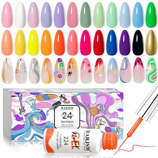 RARJSM Gel Liner Nail Art Kit - 24 Bright Shades, Pink, Green, Blue, Gold Glitter - Soak Off, Curing Need - 5ml Dispensers
