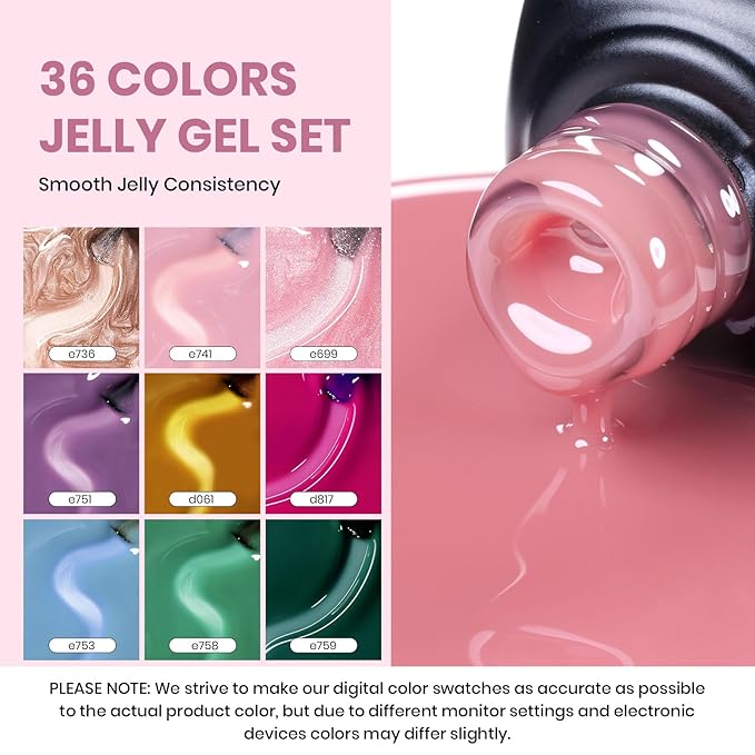Beetles Jelly Gel Nail Polish Set, 53PCS 36 Colors Jelly Pink Milky White Red Black Blue Green Silver Cat Eye Base Glitter Glossy Matte Top Coat Crystal Ice Collection French Nails Gift for Women