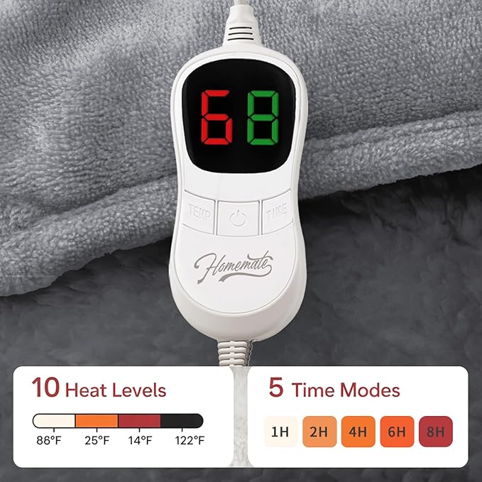 Homemate Heated Weighted Blanket for Adults - 50"x60" 12lbs Electric Throw Fast Heating Heavy Blanket 1/2/4/6/8 Hour Auto Off 10 Heat Levels Over-Heat Protection Comfortable Flannel Sherpa