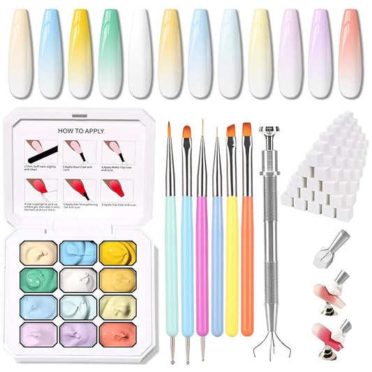 Sponge Pat Gel Nail Polish Palette, 12 Colors Blending Ombre Gel Polish Gradient Painting Nails Art, No Wipe, UV/LED Cured, 100Sponges 6Brushes 1Grabber (Set 01)