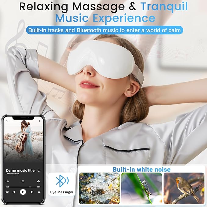 Eye Massager with Heat and Cooling for Migraines – 14 Massage Nodes for Eye Strain Relief, Rechargeable Bluetooth Music, Improve Sleep, Birthday & Holiday Gifts for Women and Men (White)