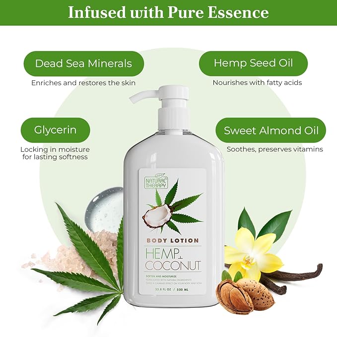 Natural Therapy Body Lotion for Women and Men with Hemp & Coconut Oils – Moisture Skin Care - Maximum Hydration Nourishing Body Moisturizer with Dead Sea Minerals – All Skin Types (16.9 fl. oz)