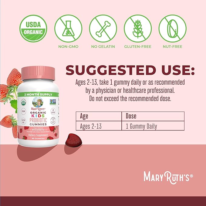 MaryRuth Organics Kids Probiotics for Digestive Health | USDA Probiotic Gummies | 2 Month Supply | Kids Probiotics | Immune Support | Gut Health Supplement | Vegan | Non-GMO | Gluten Free | 60 Count