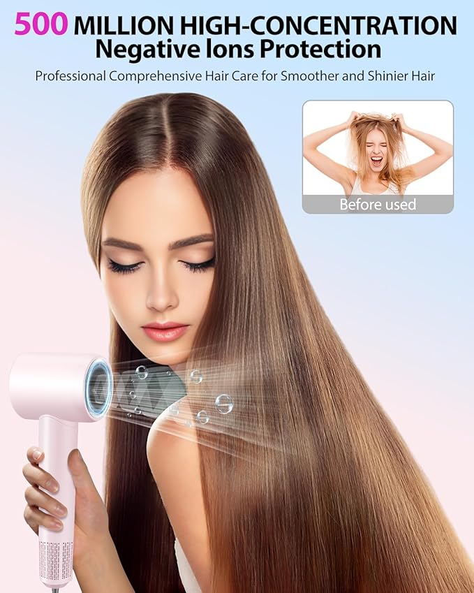 Hair Dryer,180000 RPM High-Speed Hair Blow Dryer with Brushless Motor, 500 Millions Negative Ionic Hair Dryer for Fast Drying, Quiet Thermo-Control Travel Hair dryers for Women Home Salon (Pink)