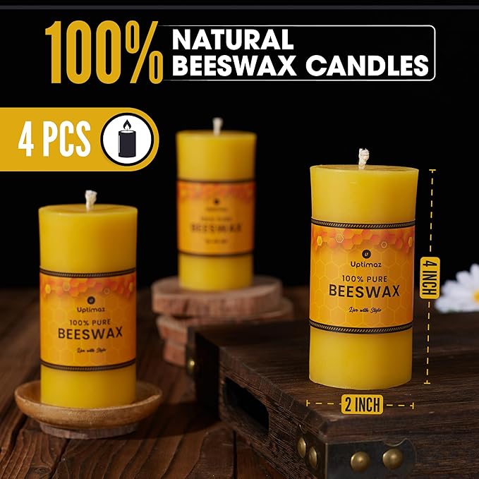 Beeswax Pillar Candles Set of 4, 2x4 Inch, 100% Beeswax Candle with Cotton Wick, Long Burning, Dripless Candle Bees Wax for Home, Décor, Prayer, Emergency