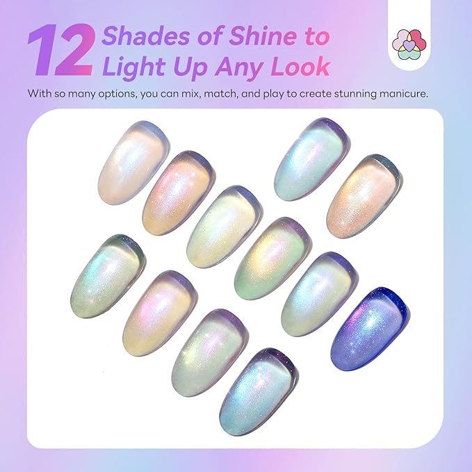 SAVILAND Cat Eye Gel Nail Polish Set: 2026 12 Colors 5ml Crystal Shiny Gloss Cateye Gel Polish Art Pen Aurora Borealis Pink Blue Magnetic Gel Polish Glitter Gel Nail Polish Gifts Home DIY