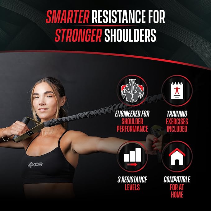 4KOR Cross Anchor Shoulder Performance Training System. Resistance Cords with Handles and Dynamic Workout Guide. Exercise Bands with Nylon Sleeves, Rubber Grips, and Carry Bag for Rehab and Strength