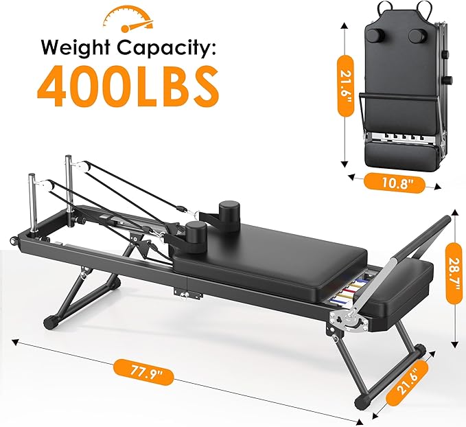 DlandHome Pilates Reformer, Foldable Pilates Reformer Machine with Springs & Resistance, Suitable for Advanced and Beginners Users Adjustable Pilates Equipment for Full-Body Home Workout Up to 330 lbs
