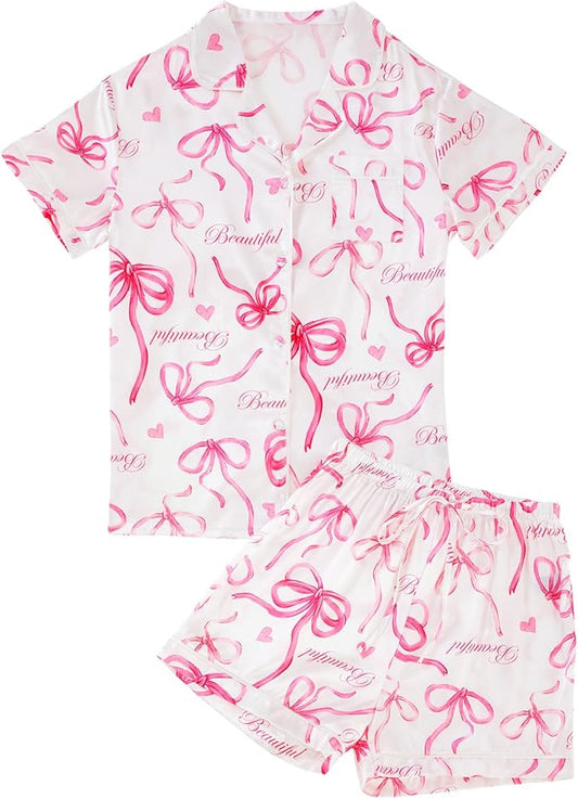 LYANER Women's Satin Silky Short Sleeve Button Shirt Sleepwear 2Piece Pajama Set