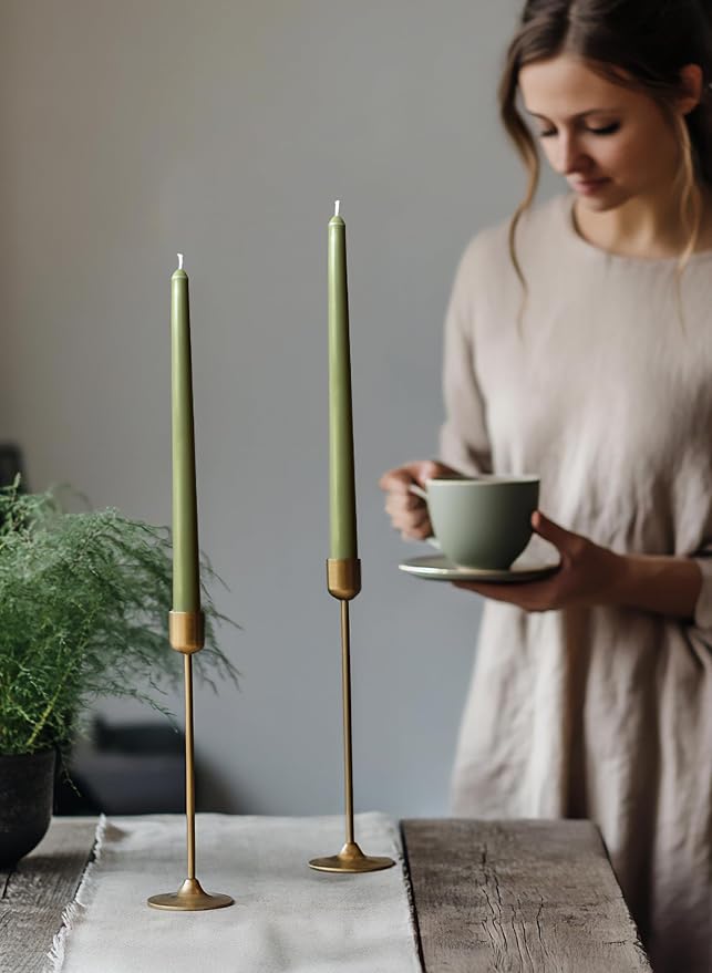 6 PK 10" Classic Taper Candles, Moss Green, 7-8 Hours Long Burning, Unscented Tall Candlesticks