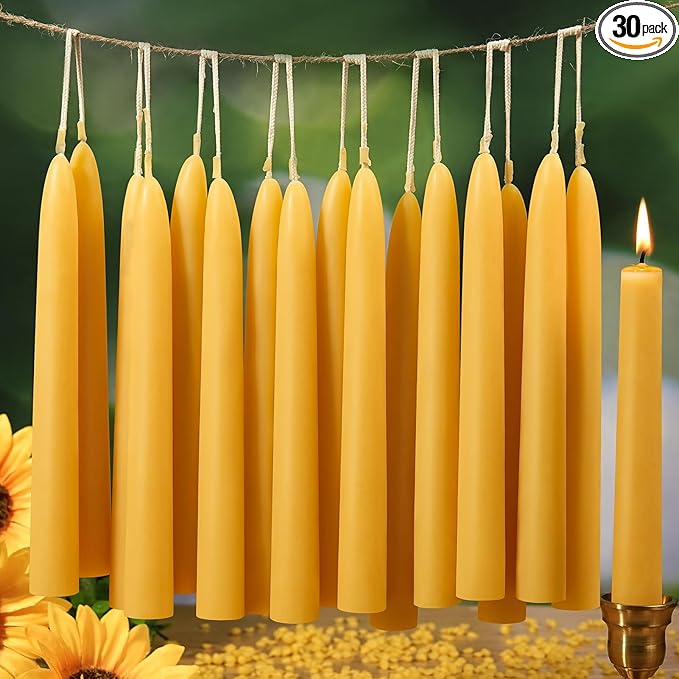30 Pack Beeswax Taper Candles,8 inch Tall - Dripless and Smokeless All Natural Beeswax Candles Sticks,8 Hours Long Lasting Burning Time,100% Nontoxic Unscented Bee Wax Candle for Home
