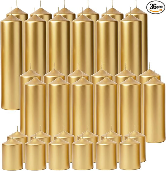 36 Pcs Gold Pillar Candles Bulk Set，Hurricane Candles，3 Different Lengths (12 Each)，Dripless Unscented Smokeless，Suitable for Decorating Christmas, Weddings, and Other Events！