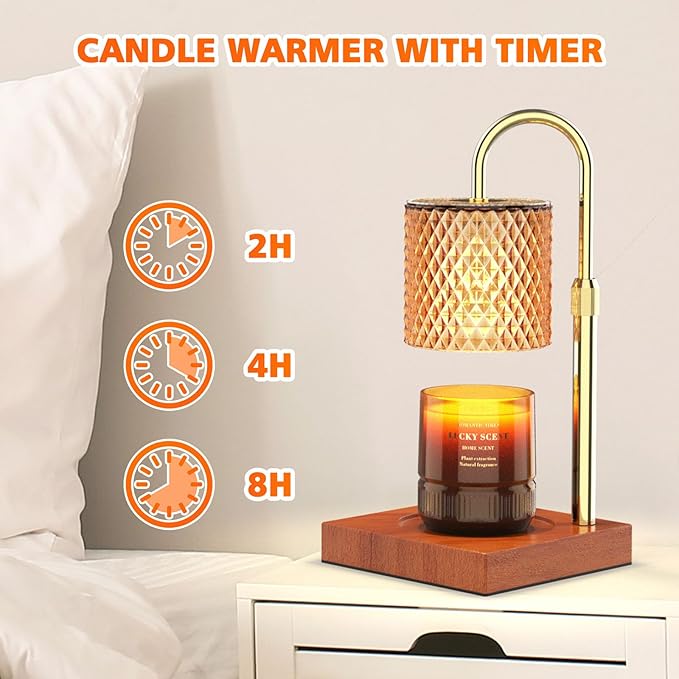 RAINBEAN Candle Warmer Lamp, Adjustable Height Electric Candle Warmer Light with Timer and Dimmer Vintage Wax Melter for Jar Candles Home Decor Gifts (Amber Glass and Walnut Wood)