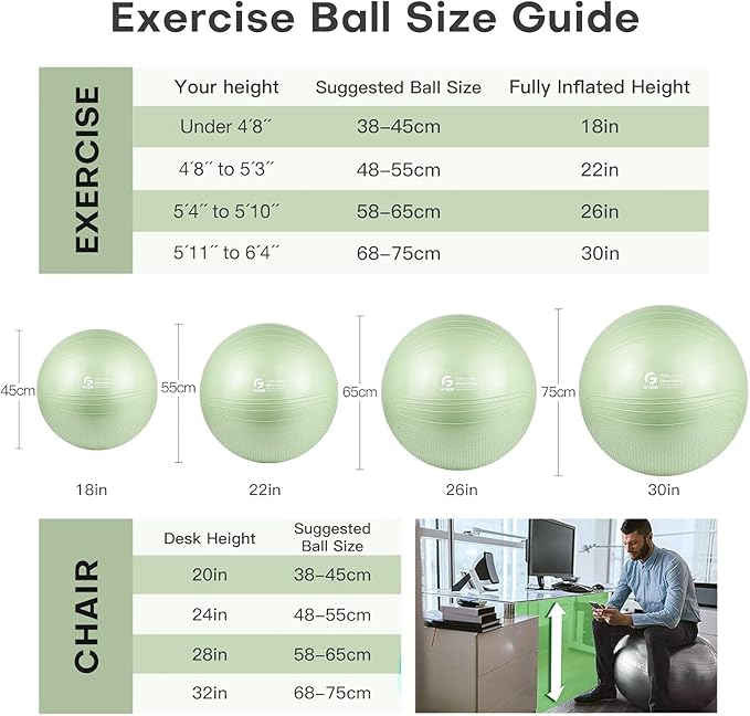 Gruper Yoga Ball, 18-30 Inch Extra Thick Exercise Ball for Workout Fitness Balance, Anti Burst Chair for Home and Office Desk, Includes Hand Pump & Workout Guide Access