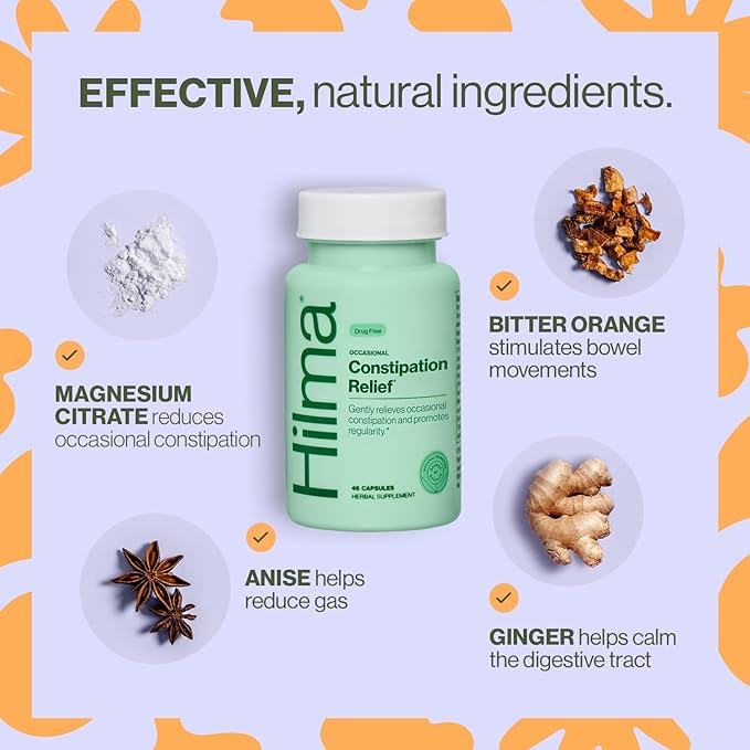 Hilma Gentle Bowel, Occasional Constipation Relief with Magnesium Citrate, Natural and Gentle Laxatives for Constipation w/Magnesium Citrate, Ginger, Anise and Bitter Orange, 46 Vegan Capsules