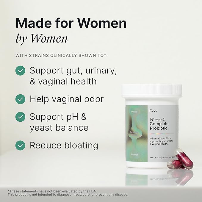 Evvy Women's 3-in-1 Complete Probiotic I Daily Probiotic Supplement to Reduce Bloating I Supports Gut, Urinary & Vaginal Health | Includes Vaginal Probiotics for Feminine Care