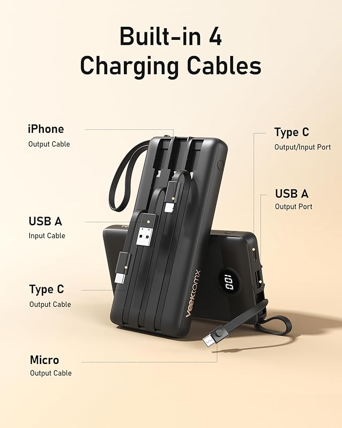 VEEKTOMX Portable Charger Built-in Cables,10000mAh Power Bank for iPhone,Fast Charge USB C Battery Pack Travel Essentials Powerbank Compatible with iPhone 17/16/15/14, Samsung S25/24, Android, etc