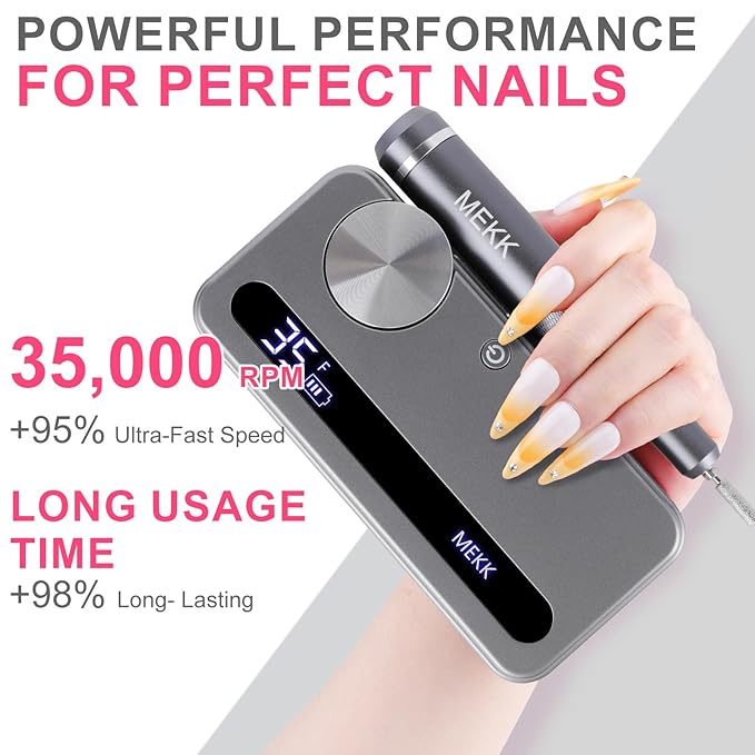 MEKK Nail Drill Kit,35000RPM Electric Nail Drill Professional Electric Nail File with 12PCS Bits,Anti-Shaking Cordless E Filer for Nails,Home & Salon(Sliver)