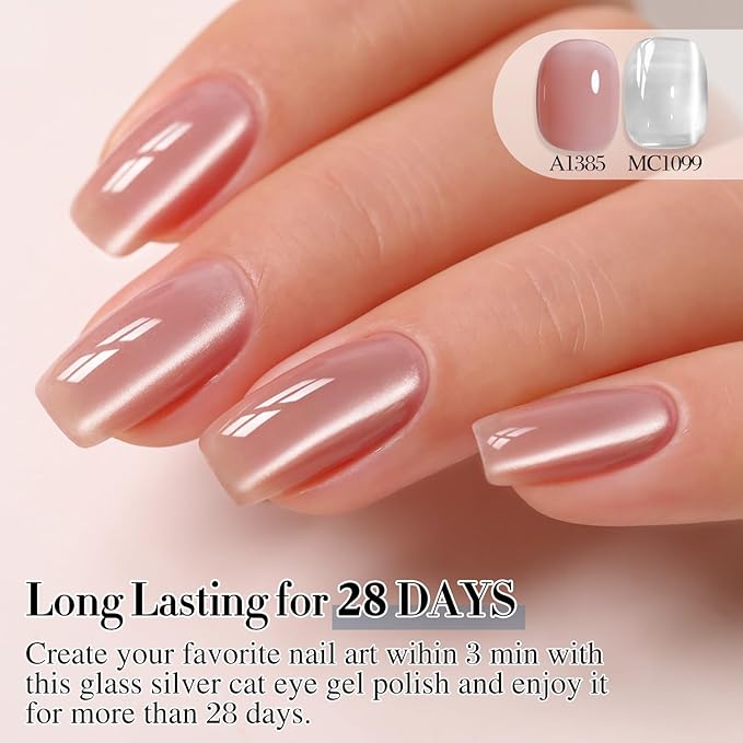 Double Rhythm Jelly Glass Cat Eye Gel Polish with Magnet 15ML Holographic Glitter Shimmer Translucent Sheer Color Magnetic Nail Polish Salon DIY at Home (Jelly Silver-MC1099)