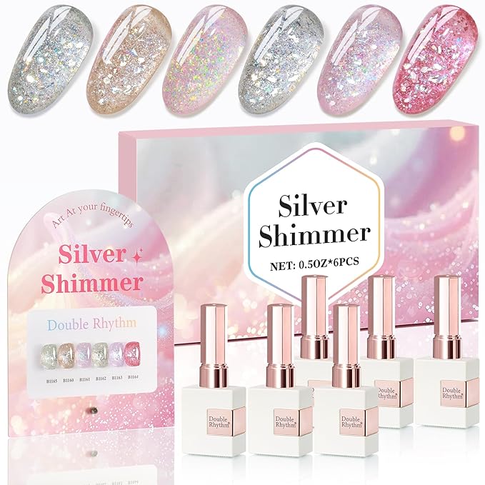 Double Rhythm 0.5 Oz Glitter Gel Polish Set of 6 Color with Display Board 15 ml Full Size Kit Shimmer Reflective Sparkle Soak Off Manicure Salon DIY at Home (Gold Silver Light Pink Rose-T6-35)