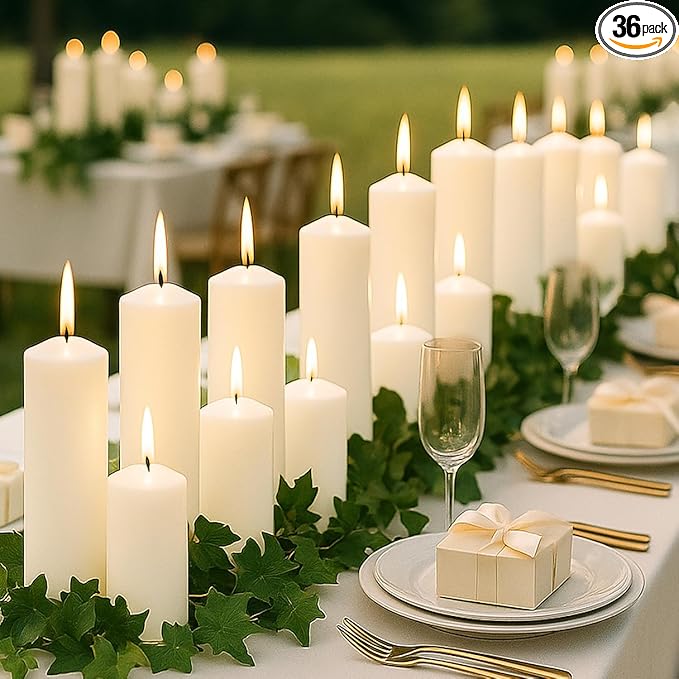 36 Pcs White Pillar Candles Bulk Set，2x3 2x6 2x8 Inch - 12 Each Size，Hurricane Candles，Dripless Unscented Smokeless，Gives You a Better Atmosphere When Organizing an Event Party.