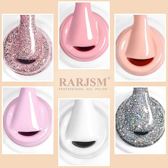 RARJSM French Manicure Gel Polish Set, Light Pink Gel Nail Polish, White Nude Glitter Nail Polish Set 6PCS 7.5ML Gelpolish Colors for All Seasons Nail Art DIY Home