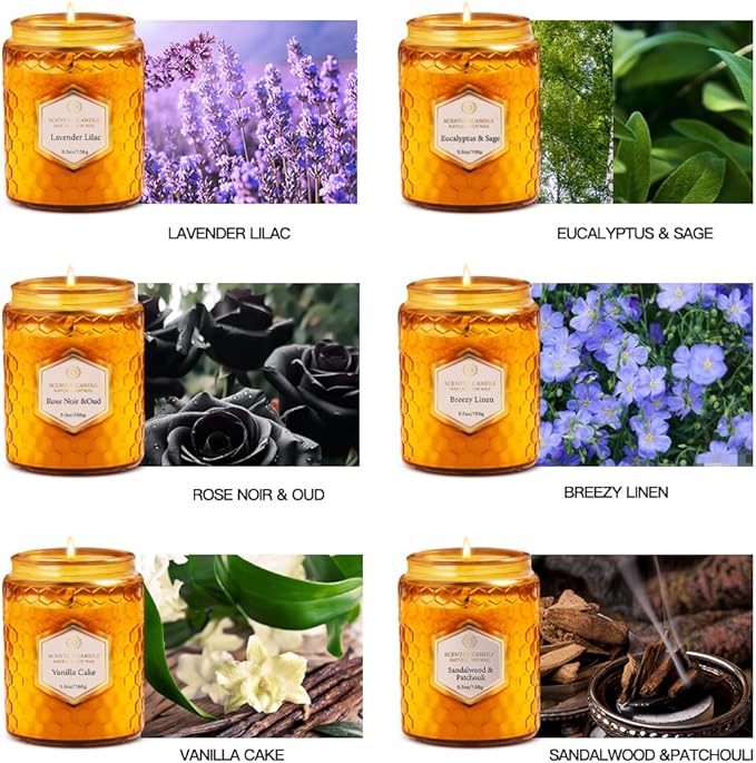 6 Pack Natural Soy Wax Jar Candles for Home, Scented Aromatherapy Gift Set for Women, 33 oz 240 Hour Long Lasting, for Birthday, Valentine's Day, Amber