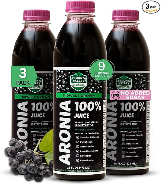 100% Aronia Berry Juice | 16 Fl Oz (Pack of 3) One Month Supply | Gluten Free Superfood Juice Drink