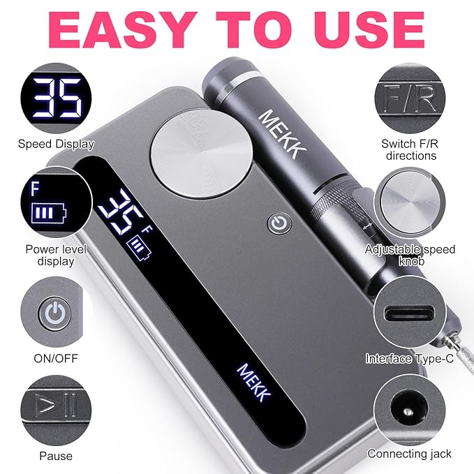 MEKK Nail Drill Kit,35000RPM Electric Nail Drill Professional Electric Nail File with 12PCS Bits,Anti-Shaking Cordless E Filer for Nails,Home & Salon(Sliver)