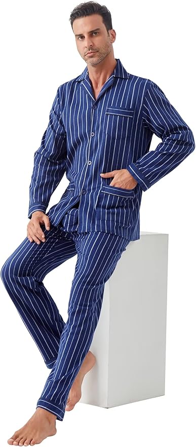 GLOBAL Men's Pajamas Sets 100% Cotton Flannel Sleepwear Long-Sleeve top & Bottom