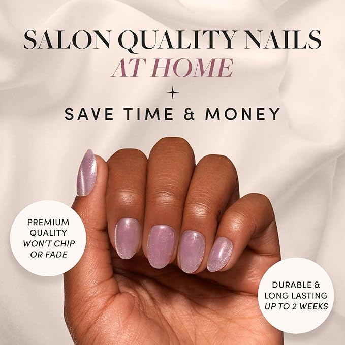 Glamnetic Press On Nails - Fairy Dust | Short Oval Beige-Pink Nails with a Mesmerizing Metallic Finish, Salon Quality | 15 Sizes - 30 Nail Kit with Glue