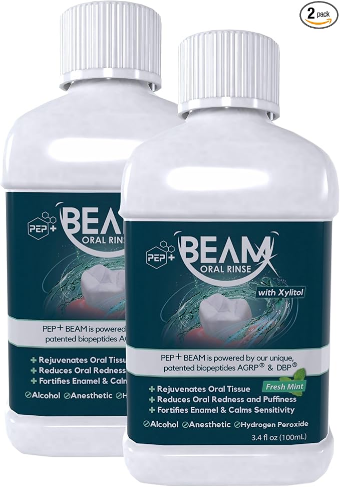 PEP+ BEAM Oral Rinse with Peptides & Xylitol – Travel Size Mouthwash for Gum Health, Fresh Breath & Oral Comfort – Alcohol Free Mouthwash for Adults & Kids – Non Toxic Mouth Rinse – 3.4 fl oz (2 Pack)