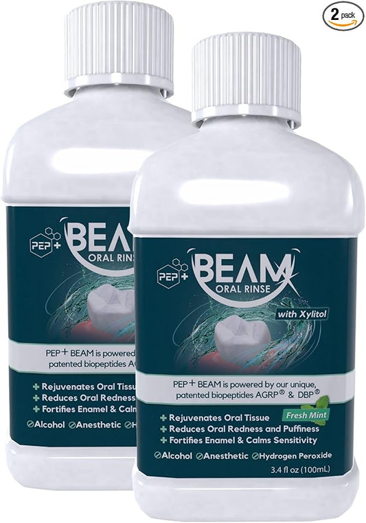 PEP+ BEAM Oral Rinse with Peptides & Xylitol – Travel Size Mouthwash for Gum Health, Fresh Breath & Oral Comfort – Alcohol Free Mouthwash for Adults & Kids – Non Toxic Mouth Rinse – 3.4 fl oz (2 Pack)