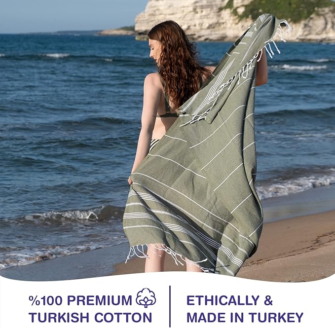 Turkish Beach Towels, Bulk Case of 24 | Oversized, Quick Dry, Sand Free | 100% Cotton, Large 38x71 Towels for Beach, Pool, Travel | Ultra-Soft, Compact, Absorbent | Olive Green