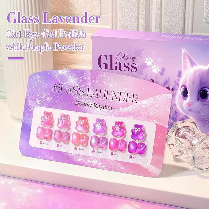 Double Rhythm Cat Eye Gel Nail Polish Set of 6 Same Color Same Bottle 0.5 Oz Shimmer Glitter with Magnet Holographic Reflective Magnetic UV Polish Kit at Home (Glass Purple Lavender -T6-47)