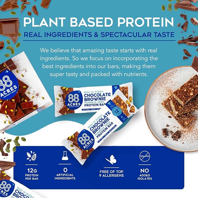88 Acres Vegan Seed Protein Bar | 12g Plant Based Protein Per Bar, Gluten Free, Nut Free, Non GMO, School Safe, No Palm Oil | 9 Pack, 1.9 oz (Dark Chocolate Brownie)