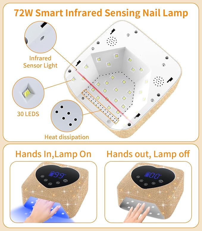 UV Light for Nails, 72W Cordless UV Nail Lamp for Gel Nails, Rechargeable Gold Diamond LED Dryer with 5 Timer Setting,Touch Control & Auto Sensor, Fast Light Curing Lamp for Salon & Home