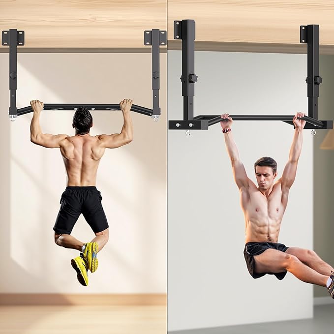 48" Joist Mounted Pull Up Bar, Multi-Grip Ceiling Mount Chin Up Bar for Garage, Basement, Beam, Rafter, Truss Easy installation, Heavy Duty, Adjustable Height, Cross Training Strength Building