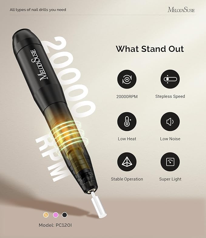 MelodySusie Electric Nail Drill Machine,PC120I Portable Electric Nail File Efile Set for Acrylic Gel Nails, Manicure Pedicure Tool with Nail Drill Bits Sanding Bands Dust Brush, Black