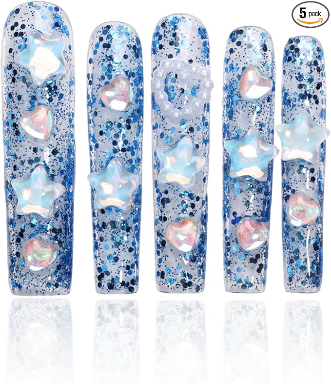 Sparkling Blue Star Press-On Nails with 3D Gems, Glitter Nail Art Set for Trendy & Stylish Manicure(M038, L)