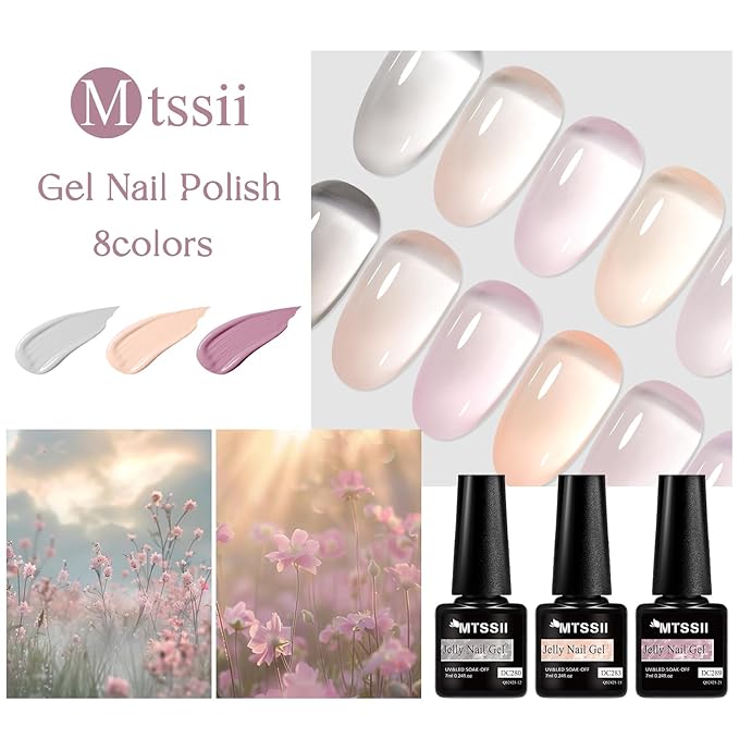 MTSSII Jelly Gel Nail Polish Set - Nude Gel Polish Kit - Milky Nude, Sheer Pink - UV Translucent - Grey - 8 Pcs