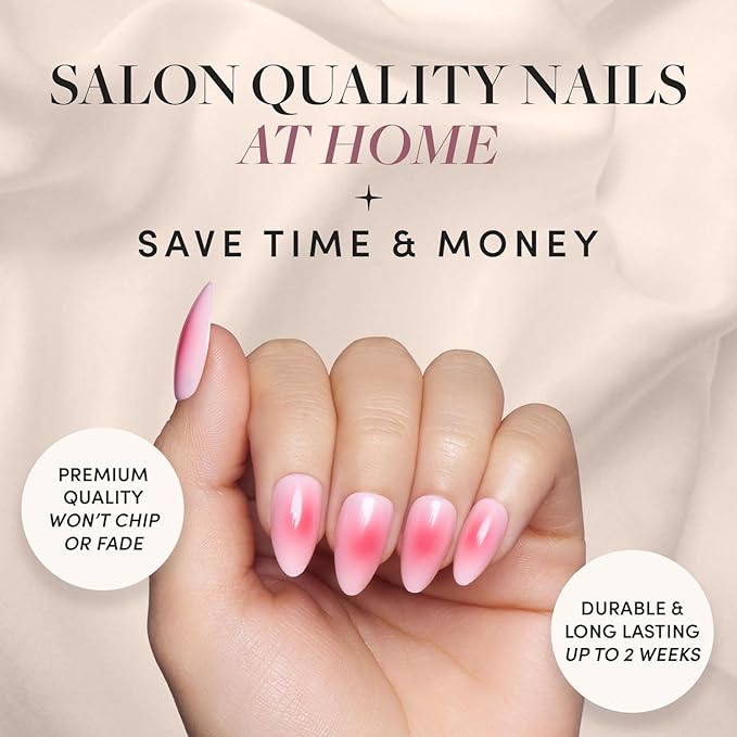 Glamnetic Press On Nails - Blushing Aura | Short Almond Trendy Pink with Ombre Center Nails in a Glossy Finish | 15 Sizes - 30 Nail Kit with Glue