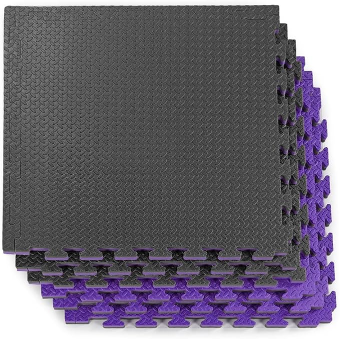 Xspec 1" Extra Thick 48 sq ft Reversible EVA Gym Foam Floor Mat Tiles (24" x 24"), Steel Pattern, 12 pcs, Black/Purple
