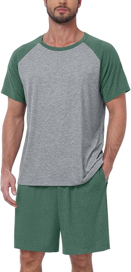 Mens Pajama Set Summer Pjs Sleepwear Lightweight Short Sleeve Pjs Soft Comfy Sleep Set With Pocket