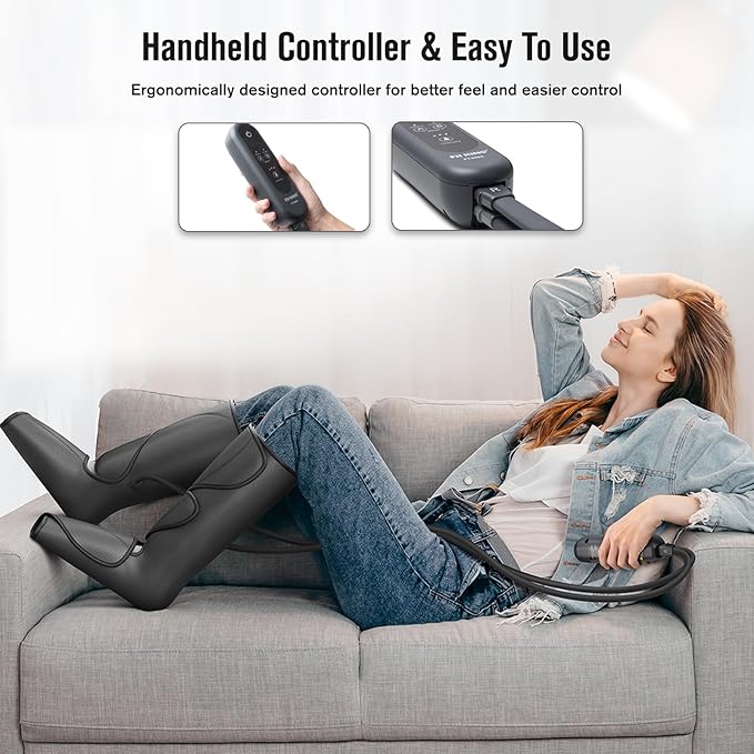 FIT KING Leg Massager for Circulation Air Compression Leg and Foot Massager to Relieve Pain Swelling Edema with Handheld Controller - 3 Intensities 2 Modes - Great Gift for Wife Mom and Friend