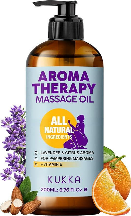 KUKKA Aromatherapy Massage Oil 6.76 fl oz - Enriched with Vitamin E, Sweet Almond, Lavender & Sweet Orange Oils - for All Skin Types, Men & Women - Massage Therapy Oil for Muscles, Legs & Body