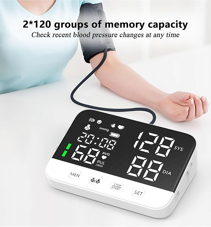 Digital Upper Arm Blood Pressure Monitor for Home Use, Rechargeable, Large LED Display, Systolic Diastolic Pulse Reading, Voice Broadcast, 240 Memory Storage for 2 Users，FDA Cleared