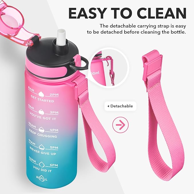 Enerbone Water Bottle, Leakproof BPA & Toxic Free, Motivational Water Bottle with Times to Drink and Straw, Fitness Sports Water Bottle with Strap for Office, Gym, Outdoor Sports